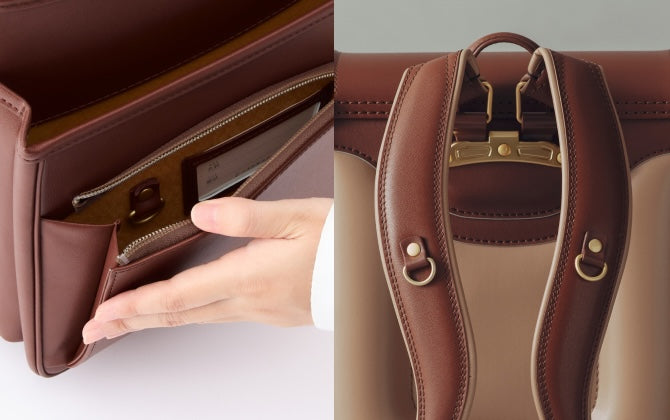 茶色のランドセルのポケットと背面